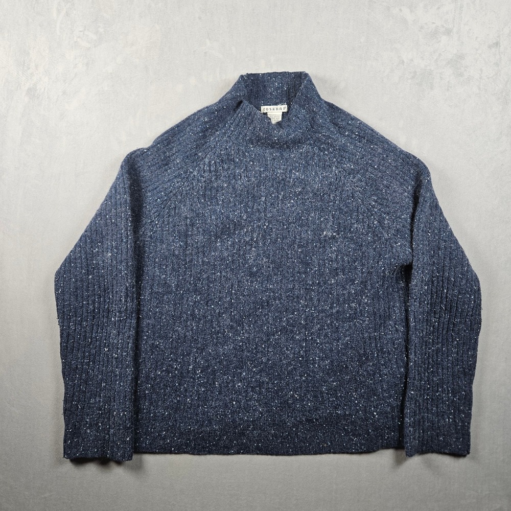 Vintage Lambswool Angora Sweater Womens XL Blue Marled Rosanna Mock Neck 90s
